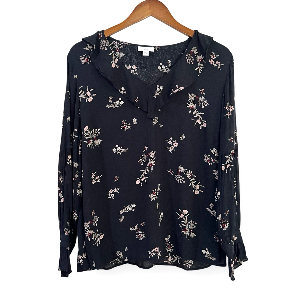J Jill Black Crinkle Floral Blouse M  Long Sleeve Ruffle V-Neck Boho Cottagecore